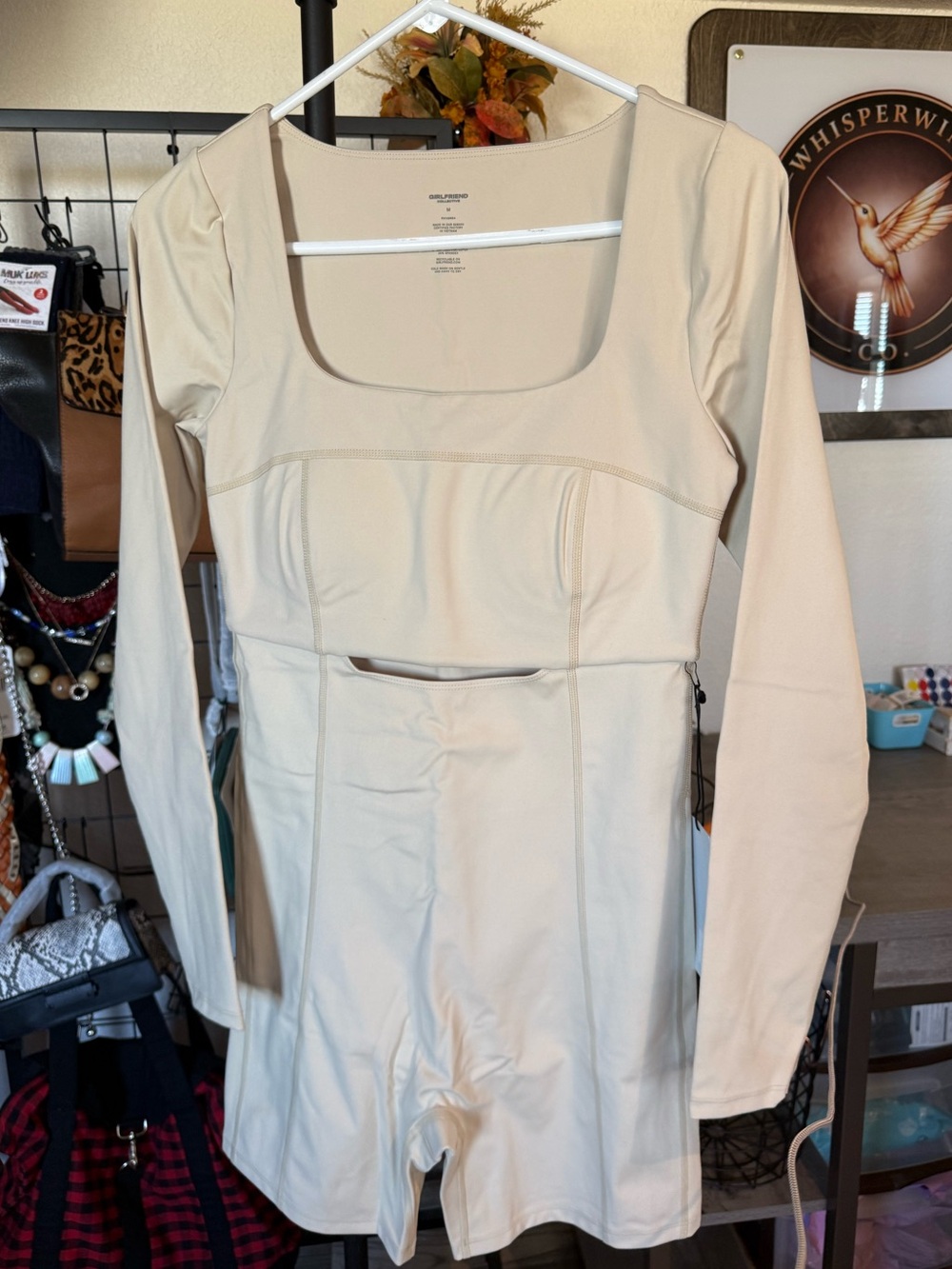 NWT Girlfriend Collective Long Sleeve Cutout Unitard Romper M Cream